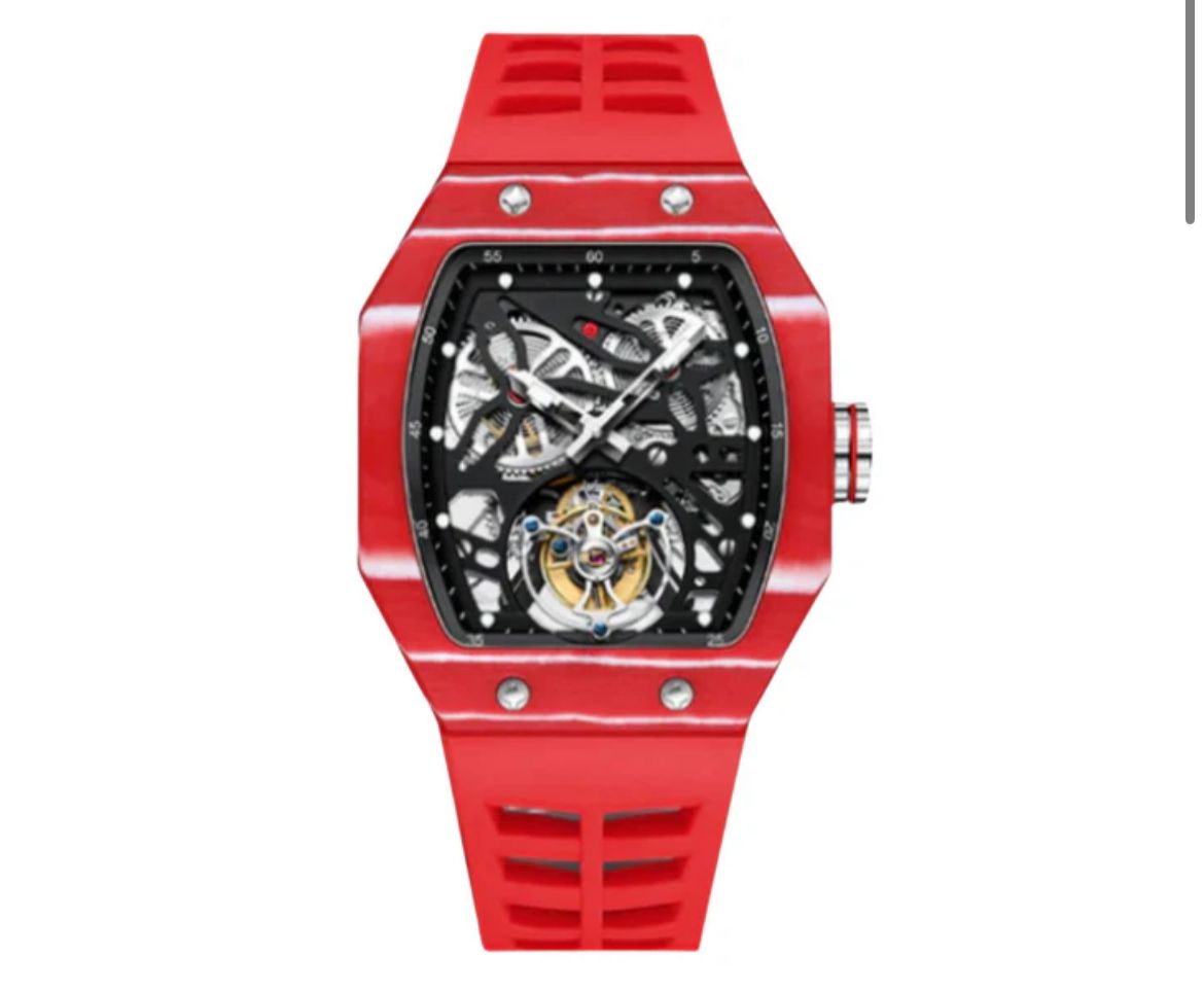 AESOP Carbon Fiber Bezel Tonneau Case Skeleton Tourbillon Watch 7036