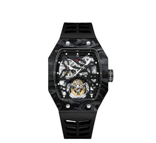 AESOP Carbon Fiber Bezel Tonneau Case Skeleton Tourbillon Watch 7036
